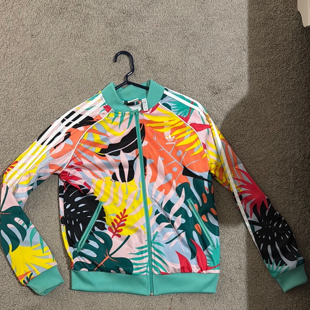 Adidas Track Jacket with Tropical Print - zip up. Women’s Medium. Like new
